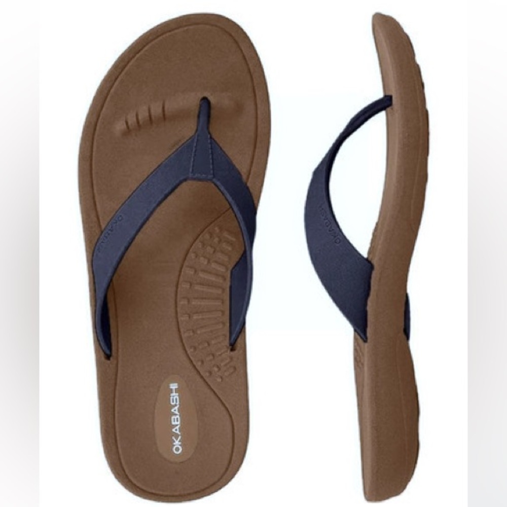 Okabashi Breeze Women’s flip-flops slip on sandals in Toffee tan navy color M/L